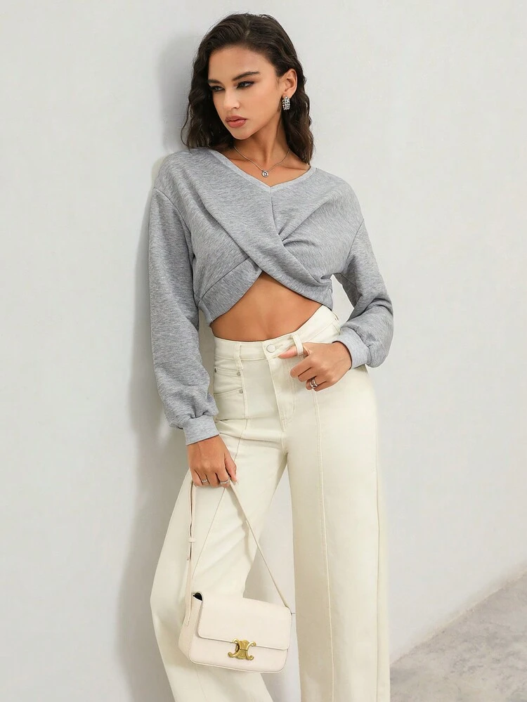 Einfarbiger V-Ausschnitt Oversized Crop Sweatshirt Pullover für den Herbst