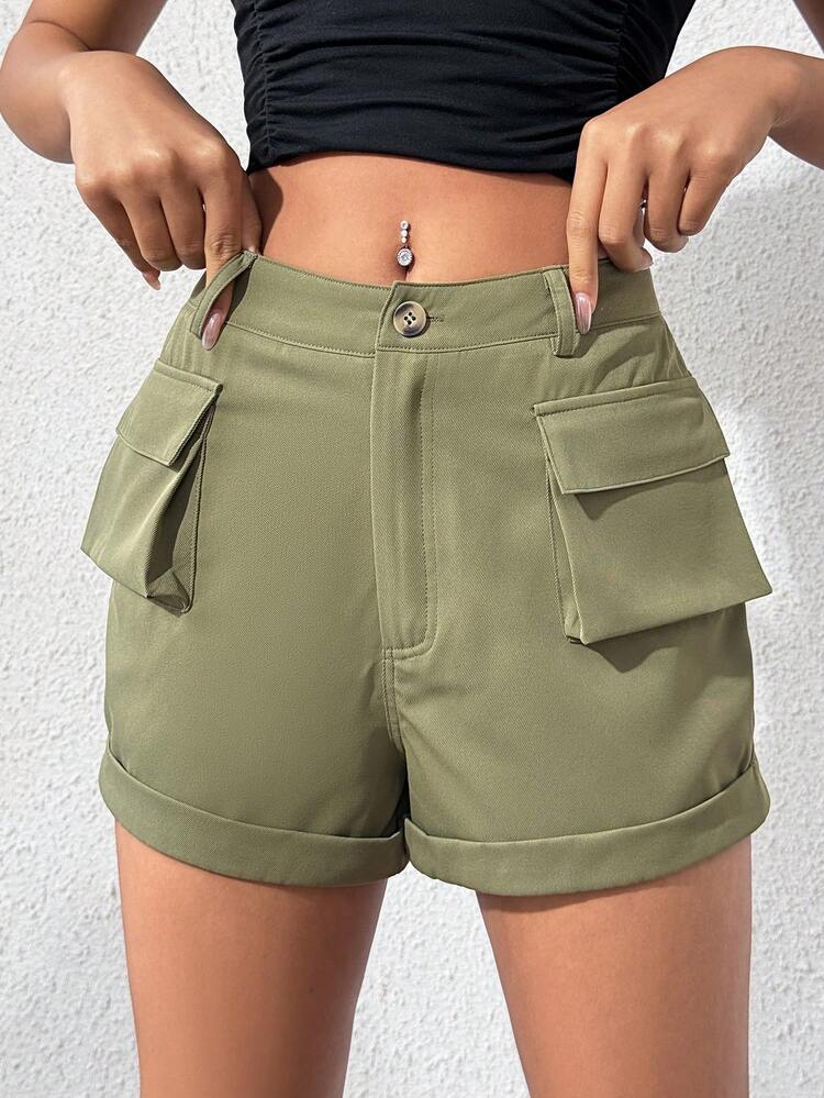 Solid Color Cuffed Utility Shorts