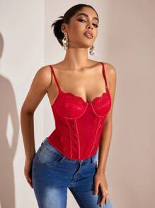 SHEIN BAE 束腰上衣情人節紅色上衣夏季背心內衣紅色束腰蕾絲束腰 - 紅色 - 查看 6