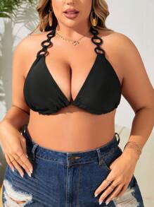 Swim Vcay Plus Size Summer Beach Solid Color Ring Detail Halter Neck Bikini Top - Black - View 4