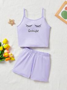 SHEIN 少女編織搞笑口號印花背心短褲時尚家居套裝 - 淡紫色 - 查看 1