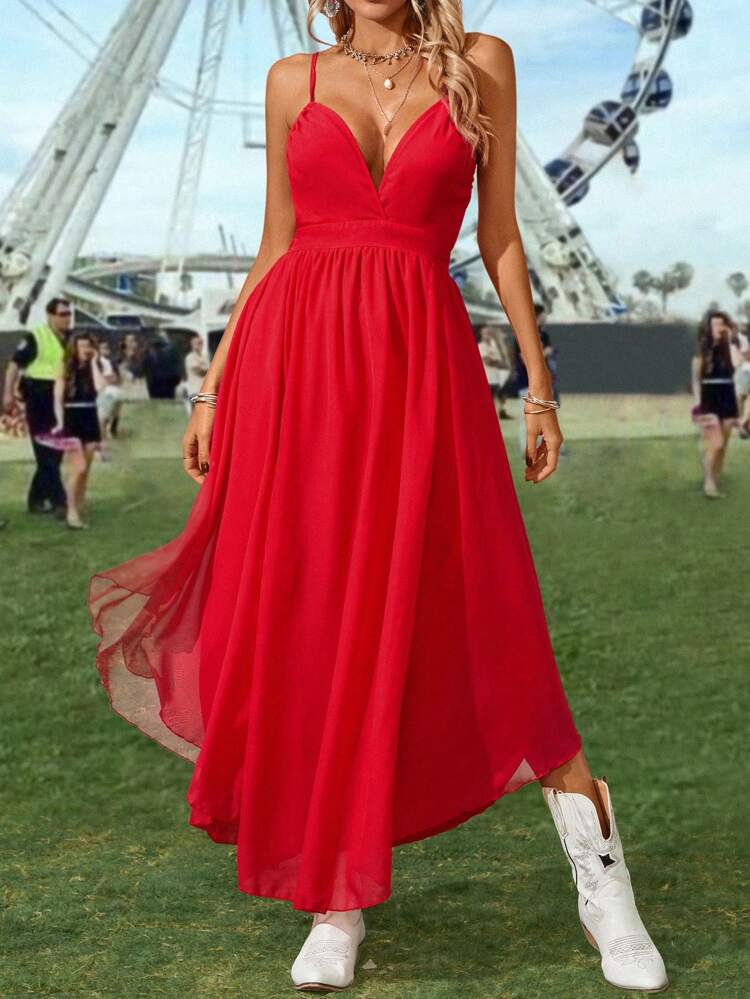 Solid Color Backless Spaghetti Strap Dress With Cinching Waist