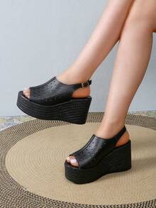 女士凉鞋開口露趾,中空皮革材質,坡跟和厚底高跟平台夏季拖鞋 - 黑色 - 查看 7