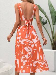 SHEIN VCAY Vestido naranja sin mangas para mujer con estampado geométrico, cintura recortada y cuello redondo - Naranja - Ver 2