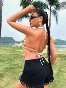 Zolique Women's Backless Halter Top With Rhinestone Chain And Tassel Fringe - Multicolor - View 7