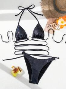 SHEIN Swim Solid Color Halter Neck Two Pieces Bikini Set With Ring Detail Summer Beach - Black - View 7