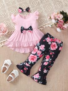 Conjunto informal para bebé niña compuesto por: falda estilo paraguas, blusa de manga corta y pantalones elegantes acampanados con aplicación de flor - Multicolor - Ver 1