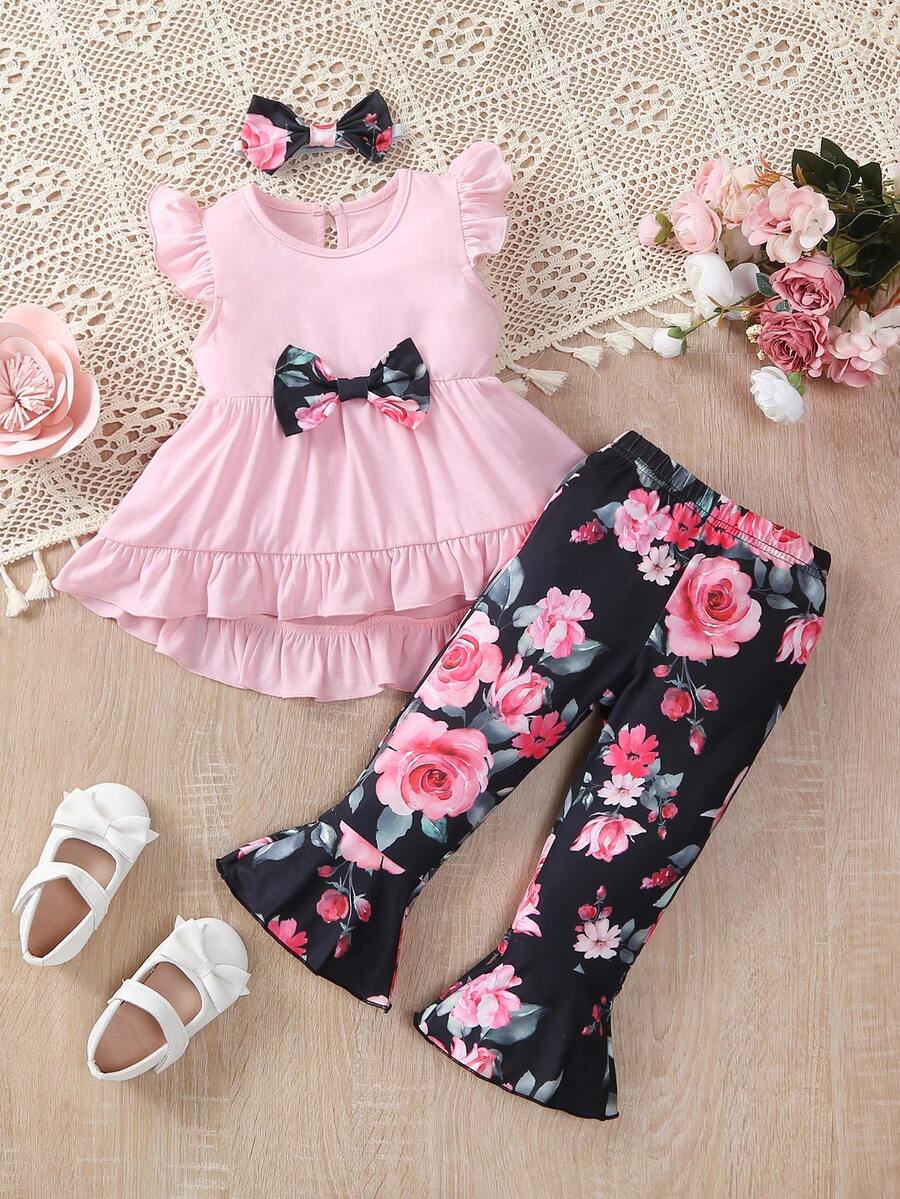 Conjunto informal para bebé niña compuesto por: falda estilo paraguas, blusa de manga corta y pantalones elegantes acampanados con aplicación de flor - Multicolor - Ver 1