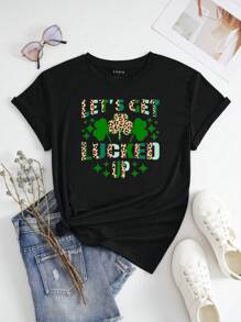 Maweii 加大碼三葉草和字母印花t恤 - 黑色 - 查看 3