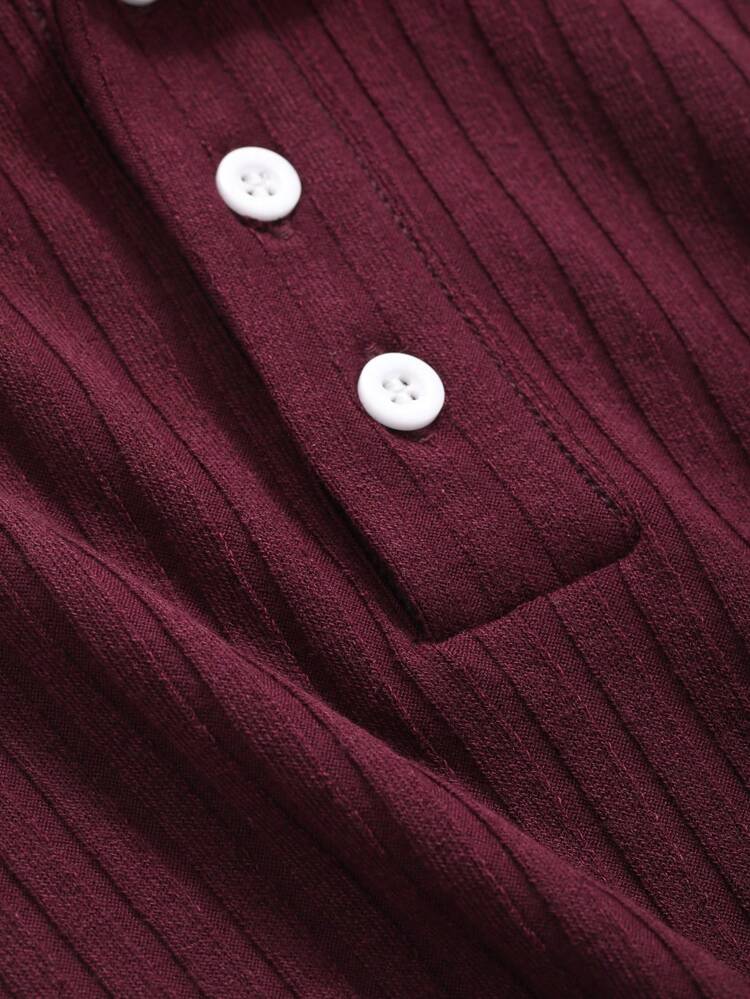 Solid Color Button Placket Henley Neck Ribbed Short Sleeve T-Shirt Summer,Business Casual Women