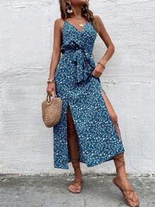 Breezaya Floral Print High Slit Spaghetti Strap Dress - Teal Blue - View 6