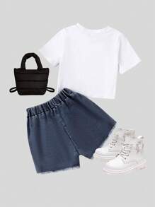 SHEIN Nhỏ bé Cô gái Mùa Xuân & Mùa thu Dễ thương Retro Thời trang Đồ trang trí Rhinestone Áo thun Và Quần short Denim Bộ - trắng - Xem 2