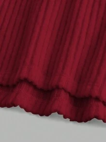 SHEIN EZwear 新年休閒針織加肋紋無肩頭上衣,搭配側邊束繩半身裙套裝 - 酒紅色 - 查看 3
