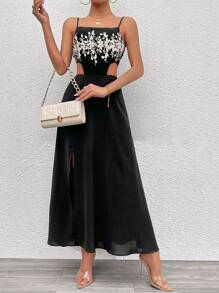 Chiquease Floral Embroidery Hollow Out Split Backless Cami Dress
