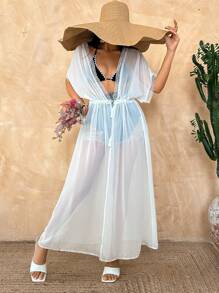 EURMUSE Women's Batwing Sleeve Obi Belt Kimono - White - View 1