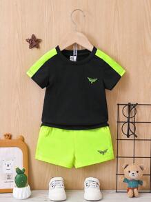 Baby Boy Color Block Round Neck Short Sleeve T-Shirt And Shorts Set - Black - View 1