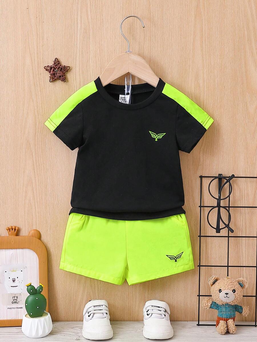 Baby Boy Color Block Round Neck Short Sleeve T-Shirt And Shorts Set - Black - View 1