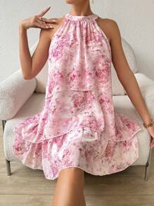 SHEIN Privé Women's Three-Tier Ruffle Trim Floral Print A-Line Halter Dress - Multicolor - View 1