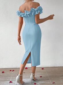 SHEIN Privé Women's Off Shoulder Ruched Lace Dress With Texture - Blue - View 2