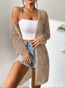 SHEIN Swim 女士中空純色休閒時尚羽織風外套 - 卡其色 - 查看 8