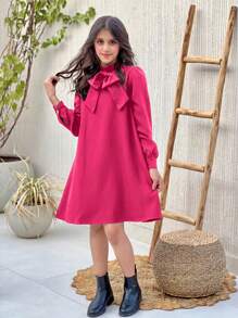 SHEIN Vestido para niñas preadolescentes con mangas largas estilo retro, cuello tejido con soporte, botones decorativos en la parte de atrás y línea A