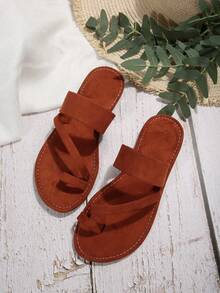 夏季沙灘平底涼鞋,腳趾環滑鞋 - 棕色 - 查看 7