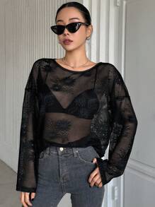 DAZY Solid Color Loose Fit Thin Women's Long Sleeve Round Neck Top Semi-Sheer Top - Black - View 5