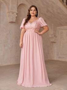 SHEIN Belle Vestido De Dama De Honor Elegante De Talla Grande Con Estilo De Princesa, Con Estampado Floral Y Bordado De Remiendo Para Mujeres
