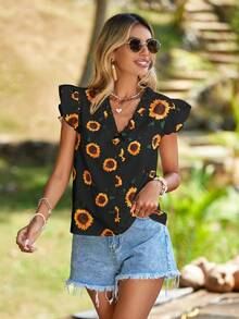 SHEIN VCAY Blusa con mangas de vuelo con estampado de girasol para mujer - Negro - Ver 5