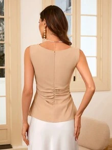 GENKIRA Ladies' Solid Color Pleated V-Neck Sleeveless Shirt - Khaki - View 2