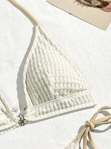 SHEIN Swim 女士纯色比基尼套装，细绳两件套比基尼套装泳装泳衣沙滩装夏季度假夏日海滩 - 米色 - 查看 3