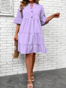 SHEIN LUNE 大尺碼純色擴張袖口有挺領連身裙 - 紫色 - 查看 6