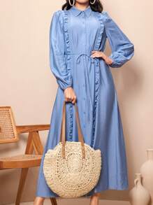 Seusyu Solid Color Ruffle Trim Decorated Lantern Sleeve Dress - Blue - View 10