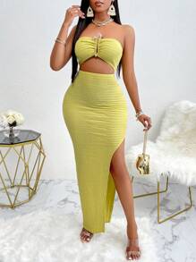 AIJ Sexy Strapless Cutout Decorative Button Bodycon Dress - Yellow - View 3