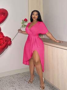 Slaydiva 性感情人節大尺碼女裝分割式v領洋裝 - 玫紅色 - 查看 4