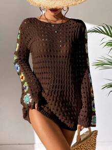 SHEIN Swim Solid Color Floral Print Round Neck Dress Cover Up Summer - Coffee Brown - View 4