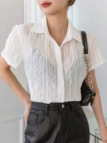 DAZY Của phụ nữ Màu thuần Lưới Bán tuyệt đối Áo sơ mi - trắng - Xem 10