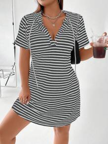 Flirla Striped Ribbed Dress For Plus Size Women - Dark Grey - View 6