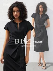 BizChic 女款蝙蝠翼短袖 V 領缺角連身裙 - 黑色 - 查看 1