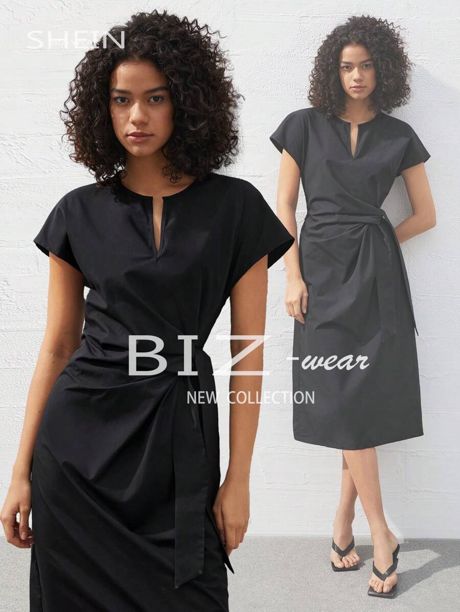 BizChic 女款蝙蝠翼短袖 V 領缺角連身裙 - 黑色 - 查看 1