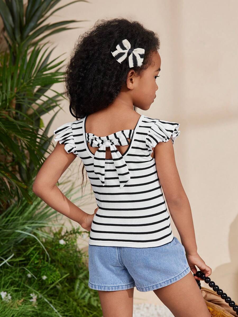SHEIN Young Girl Striped Knit V-Neck Ruffle Armhole Top Worn At Music Festival - Black and White - View 1