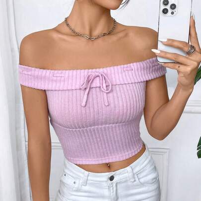 여성용 어깨 오프 솔리드 컬러 패션 탑