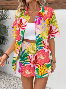 SHEIN VCAY Áo sơ mi tay ngắn in họa tiết cây nhiệt đới và quần short dáng rộng cho nữ 2 món - Nhiều màu - Xem 4