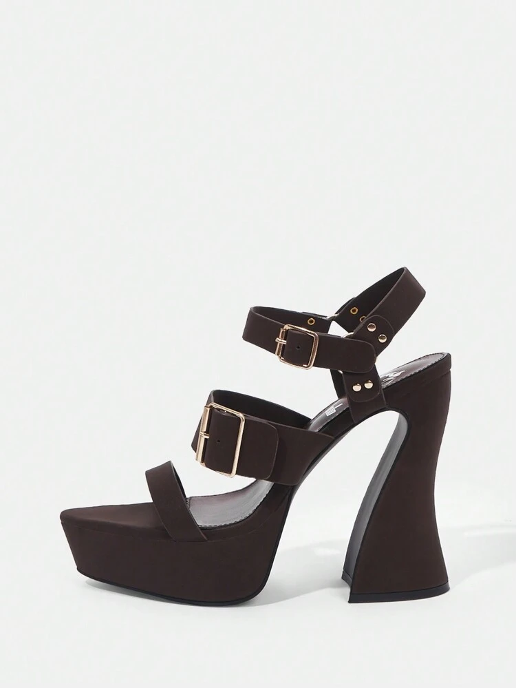 Women's Outdoor Buckle High Heels With Pointed Toe And Waterproof Platform In Dark Brown Pu Fabric