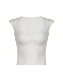 SHEIN EZwear 純色v領修身短袖t卹衫,帶褶皺 - 白色 - 查看 5