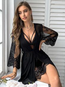 SilkySpell Ladies' Sexy Lace & Mesh Perspective Robe And Strap Dress Set - Black - View 4
