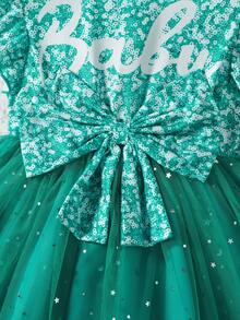SHEIN Young Girl Sage Green Elegant Fairy Summer Dress,Shining Printed Letters,3D Bowknot,Sparkling Double Layered Sheer Dress For 7th Birthday Dance Ball - Green - View 5