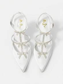 Pointed Toe Stiletto Heel Bow Knot Rhinestone High Heels For Women - White - View 3