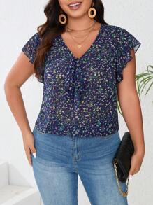 SHEIN Frenchy Plus Size Printed Ruffle Armhole Button Front Knot Hem Summer Boho Blouse