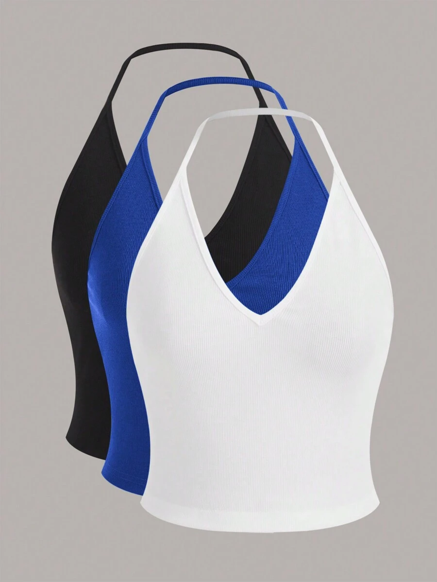 SHEIN EZwear Top De Punto Acanalado Sin Mangas De Color Sólido Con Sudadera - azul real - Ver 1